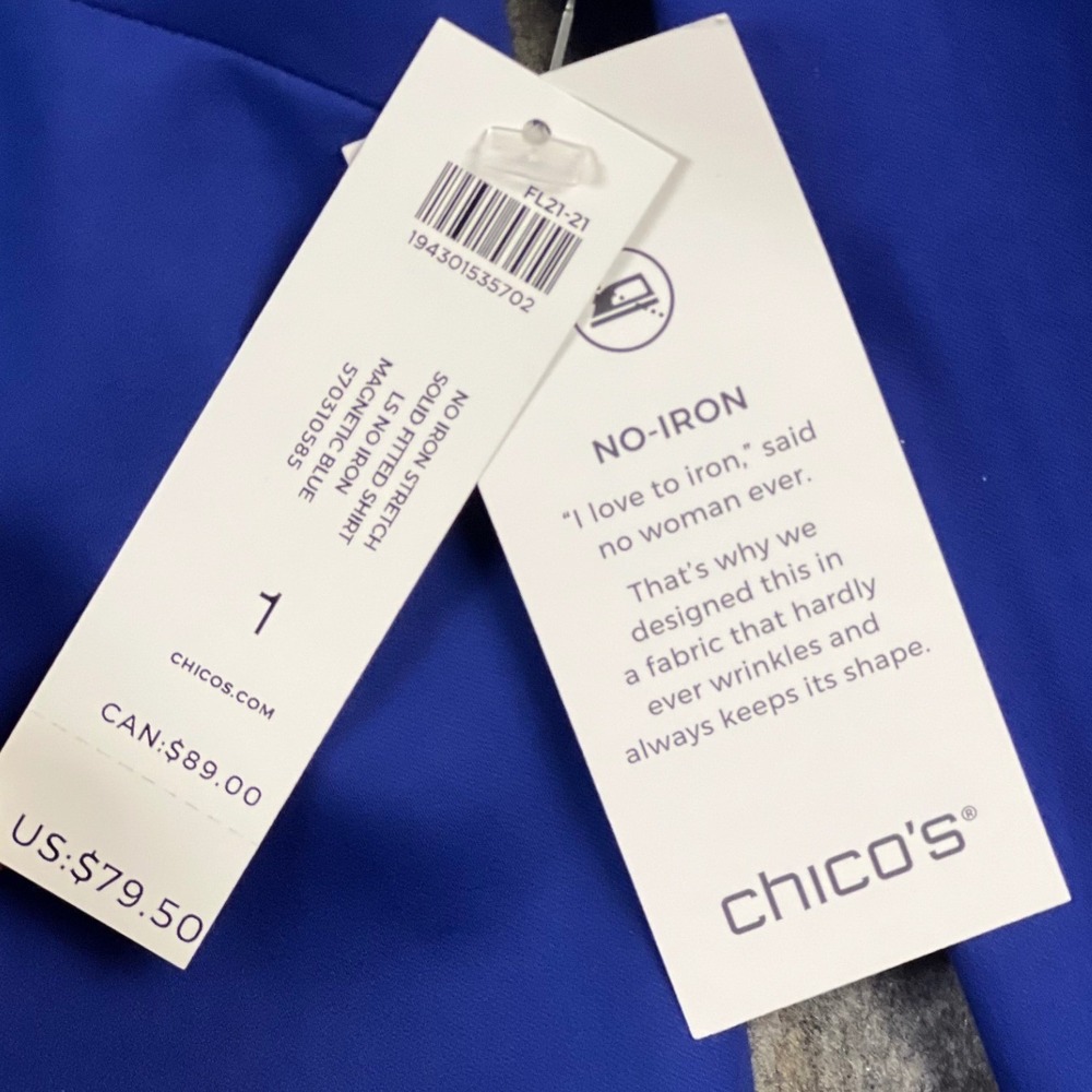 Chicos Button Down Shirt 1 US Size 8 New Magnetic Blue No Iron Chic Stretch - Picture 3 of 9